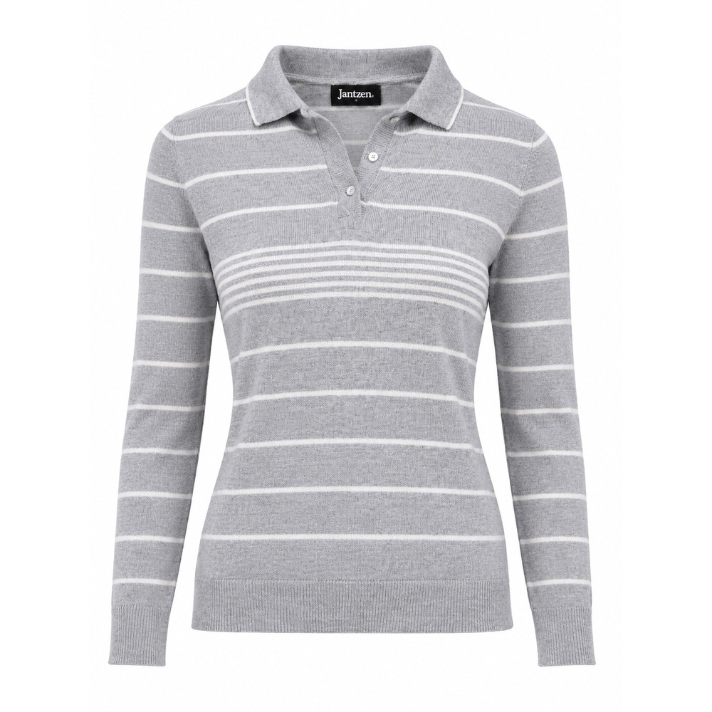 Vintage 80s Women's Jantzen Grey Striped Knit Wool Polo Sweater Made in USA